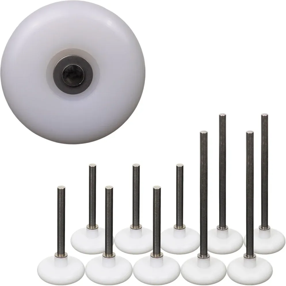 Twelve bearingless rollers with plain steel stems and one close-up showing a solid tire with no bearing race