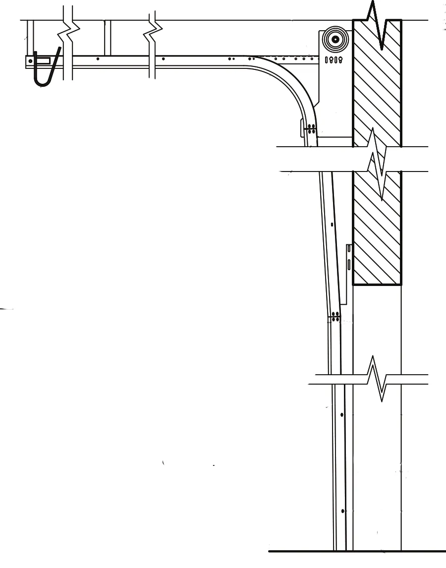 Shop-drawing elevation of breakaway highlift track with a heavy duty headplate bolted to the wall and an added vertical track extension