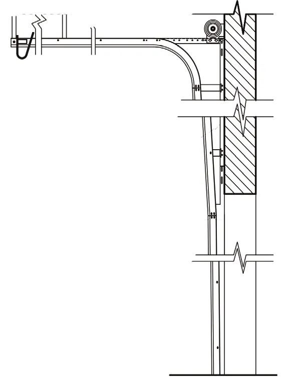 Shop-drawing elevation of breakaway highlift track using a wall angle and bearing plate with an added vertical track extension