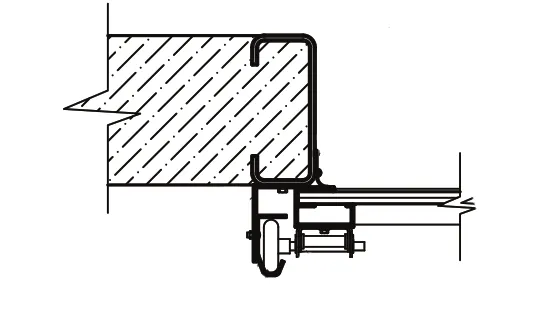 Plan-view section of leg-in track mounted to a jamb, showing the door overlapping the jamb by 1 inch