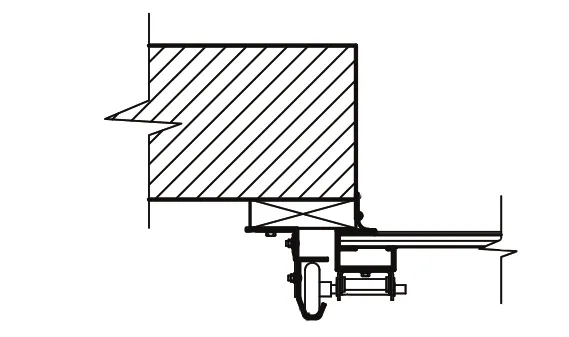 Plan-view section of leg-out track mounted to a jamb, showing the door overlapping the jamb by 1 inch