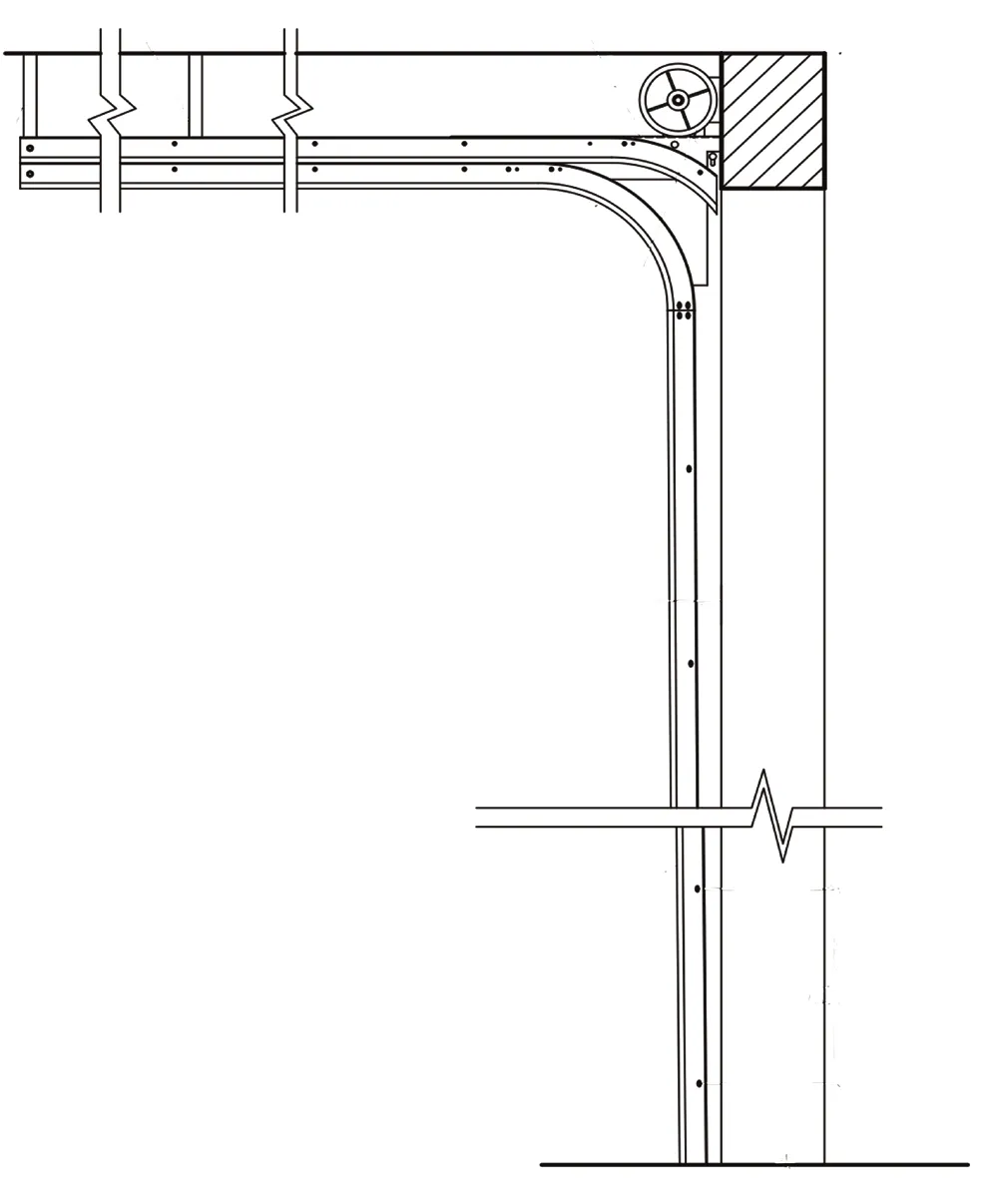 Shop-drawing elevation of front mount low-headroom track: double horizontal track with the torsion springs mounted at the header