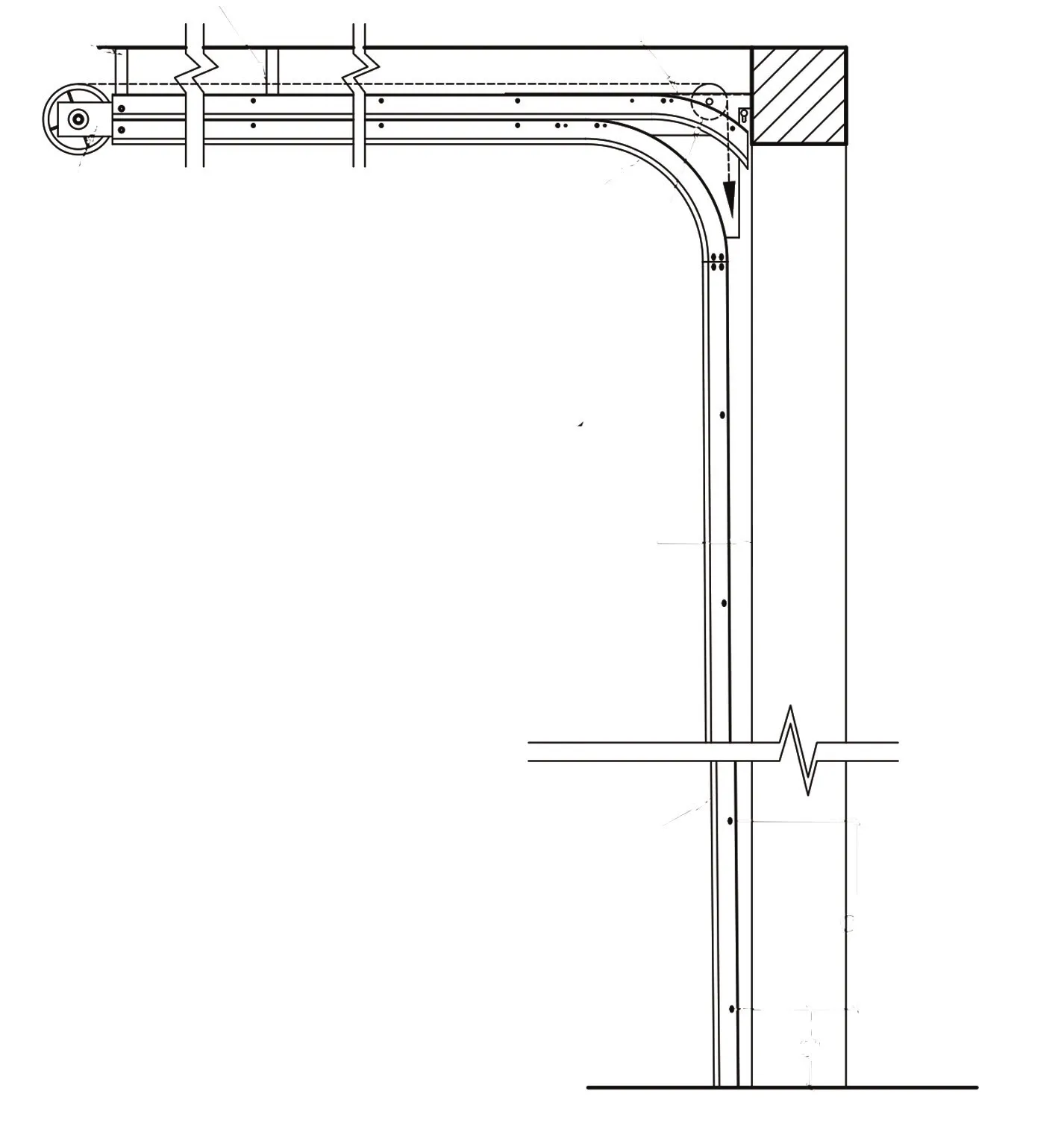 Shop-drawing elevation of rear mount low-headroom track: double horizontal track with the torsion springs mounted behind the back of the track