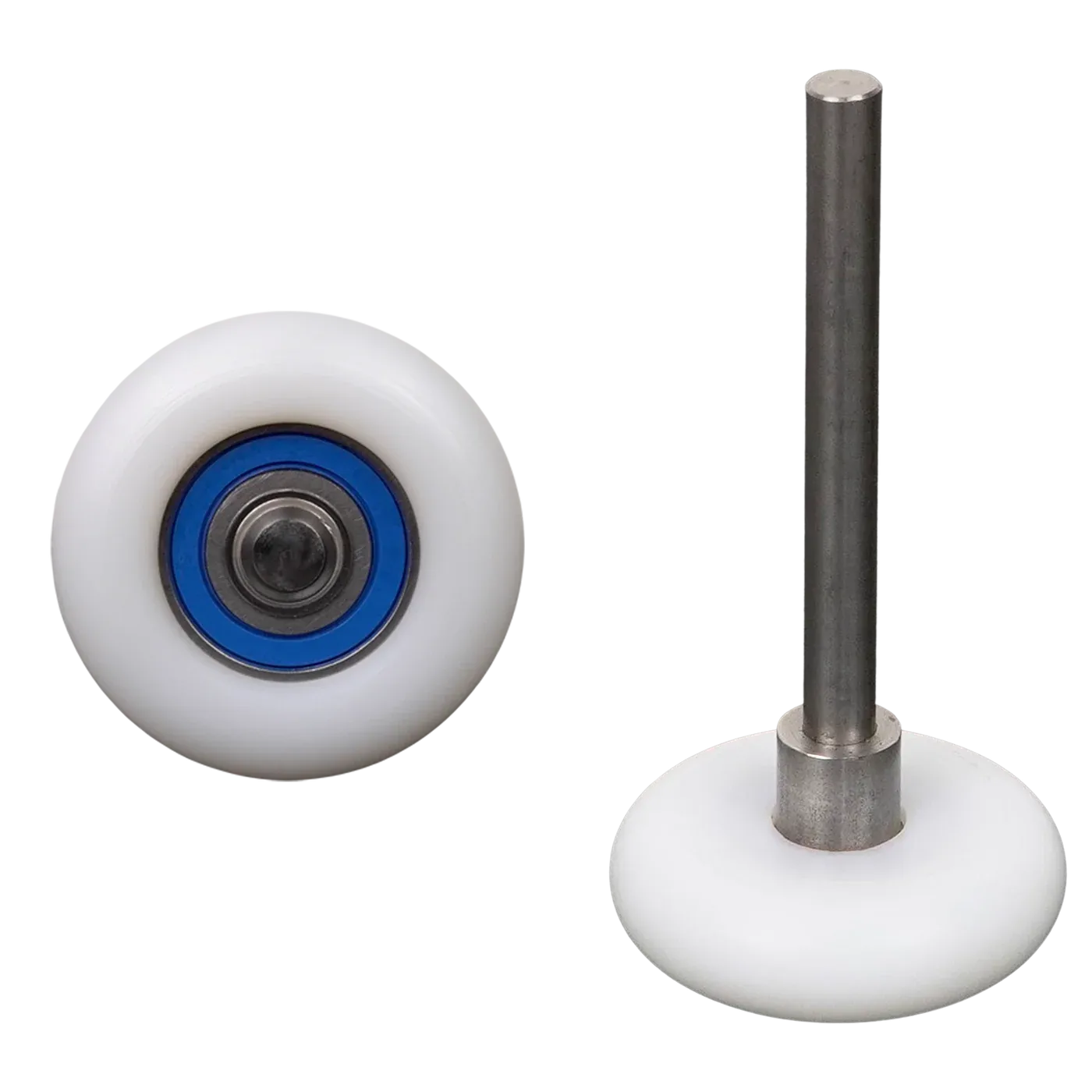Single Magnum SP Supreme roller shown face-on and from the side, white tire with a blue-sealed bearing and steel stem