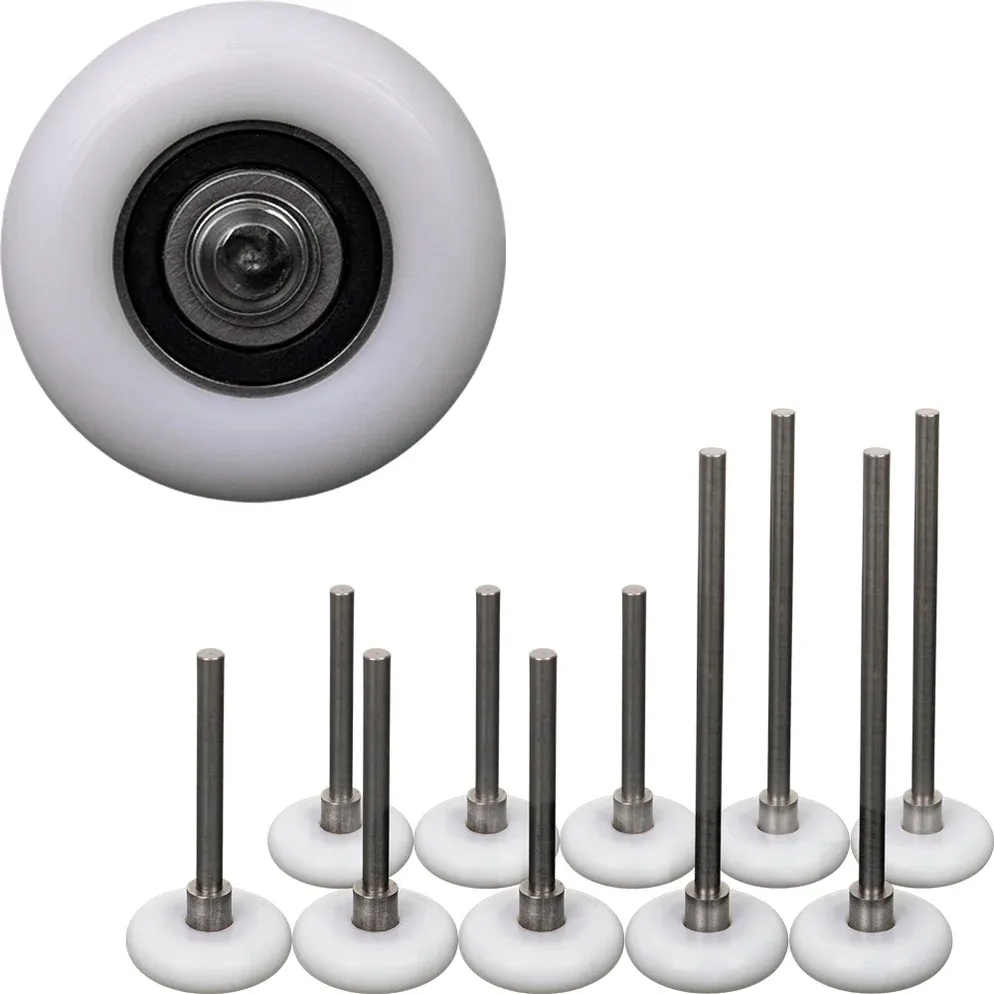 Twelve Magnum Original rollers with steel stems and white tires, with one close-up showing the black-sealed bearing