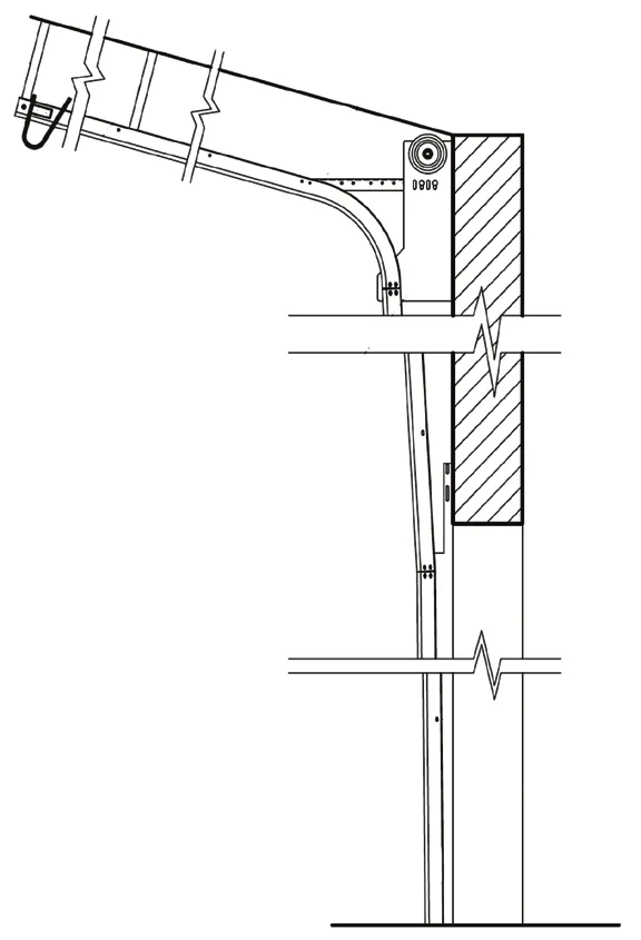 Shop-drawing elevation of pitched breakaway highlift track with a heavy duty headplate and a horizontal track pitched to the roof angle