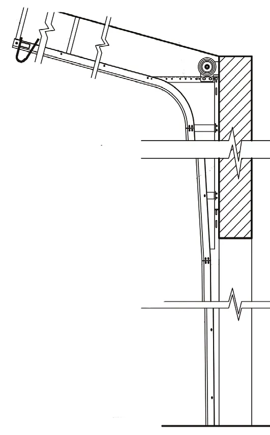 Shop-drawing elevation of pitched breakaway highlift track using a wall angle and bearing plate, with a pitched horizontal track