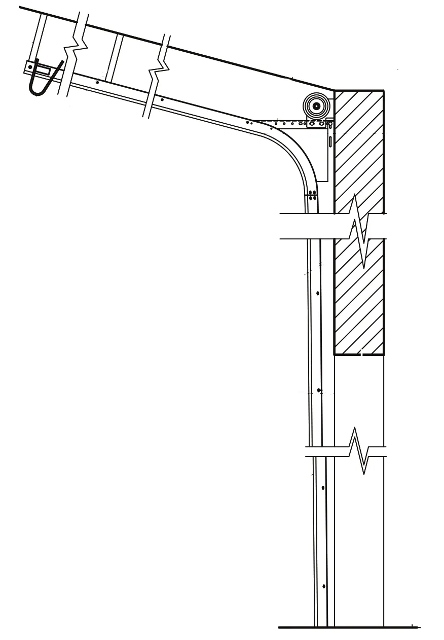 Shop-drawing elevation of pitched straight incline or extended vertical highlift track with the horizontal track angled to follow the roof