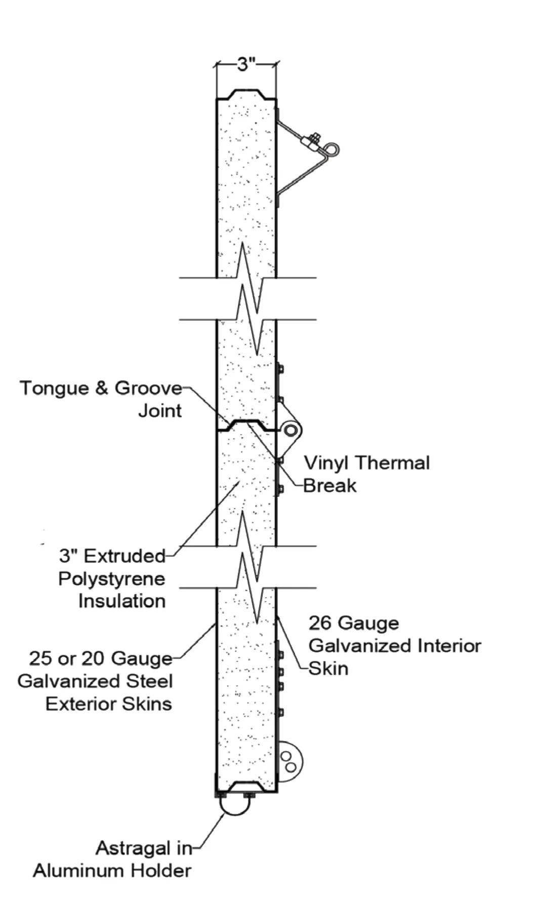Cross-section drawing of the 3 inch insulated washbay door section showing the tongue and groove joint, vinyl thermal break, extruded polystyrene insulation, galvanized steel skins, and astragal in its aluminum holder