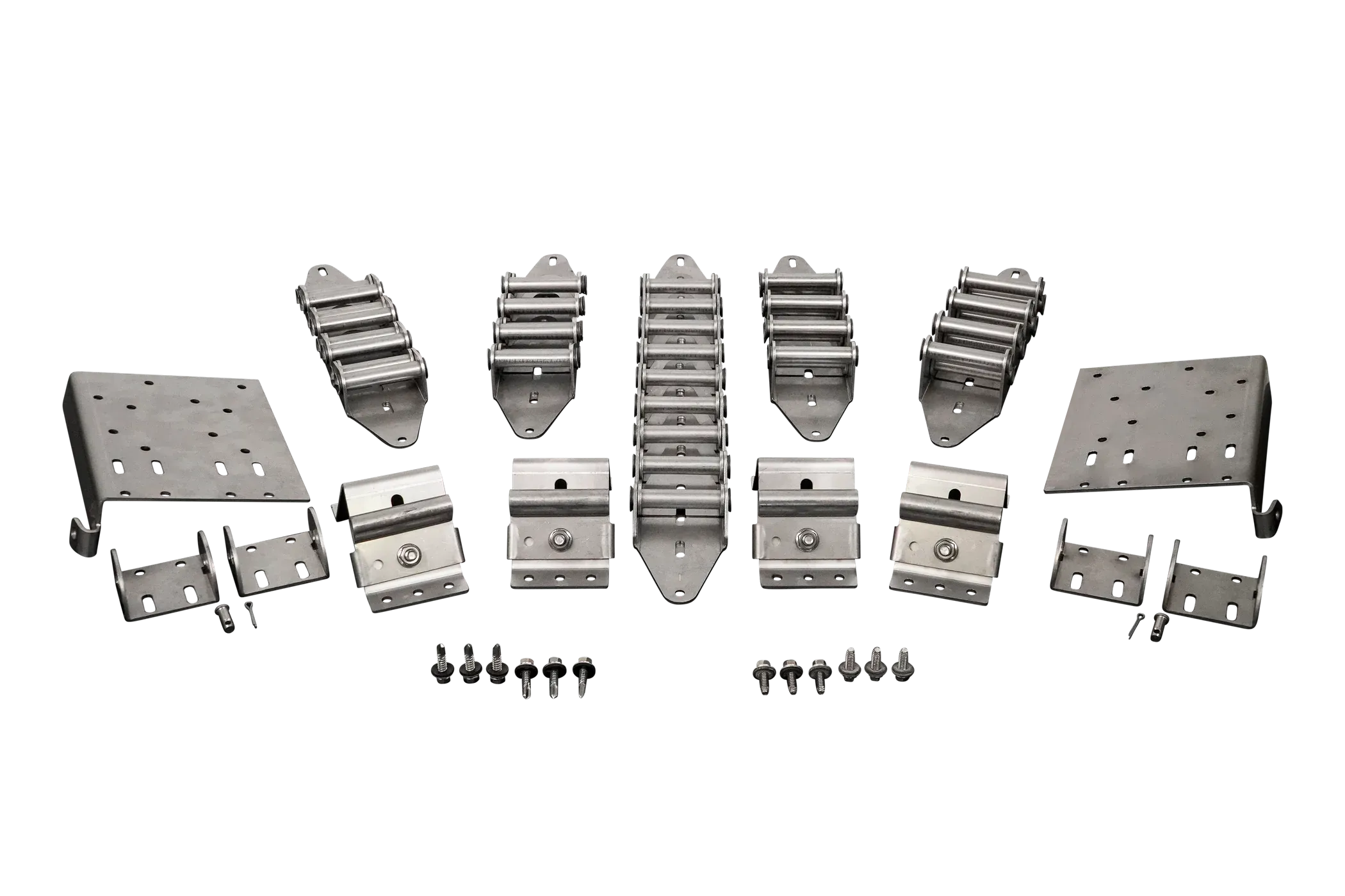 Complete stainless face hardware kit laid out with hinges, end stiles, flag angles, brackets, and fasteners
