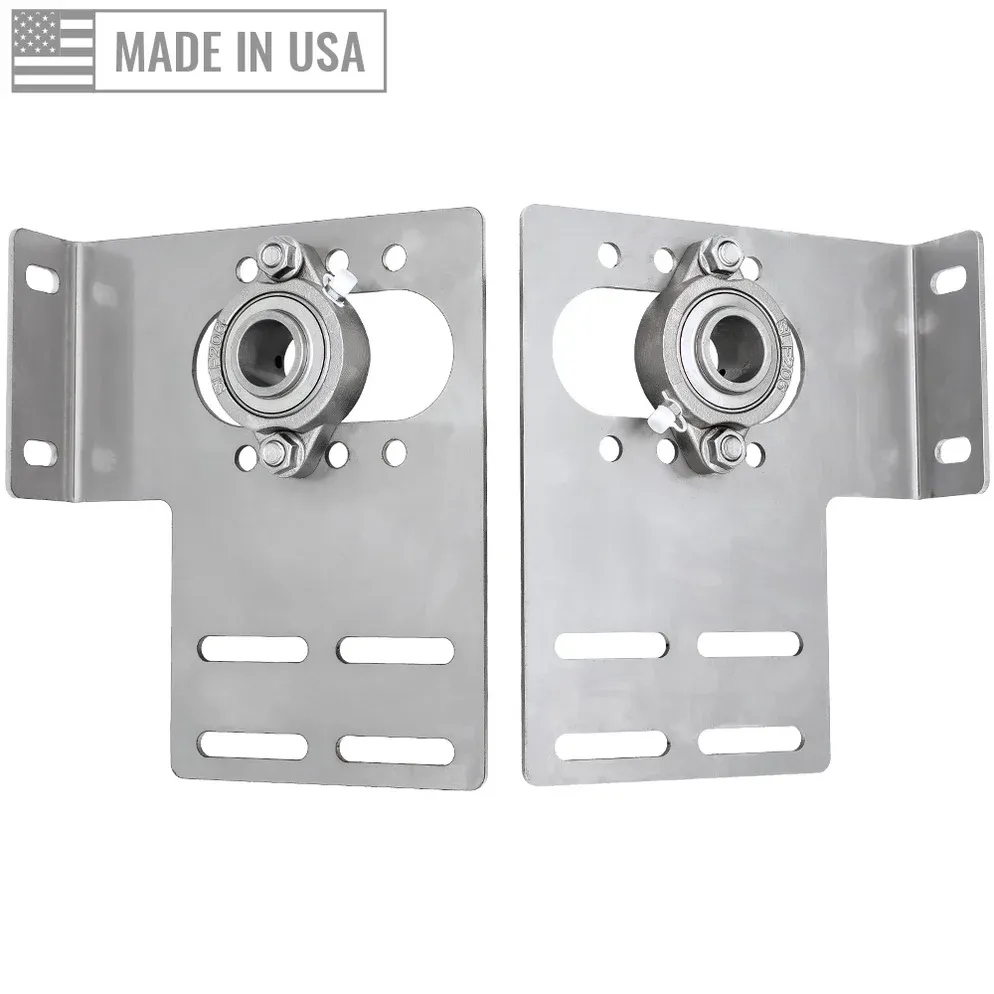 Left and right stainless end bearing plates with bolted flange bearings and slotted mounting slots, made in USA