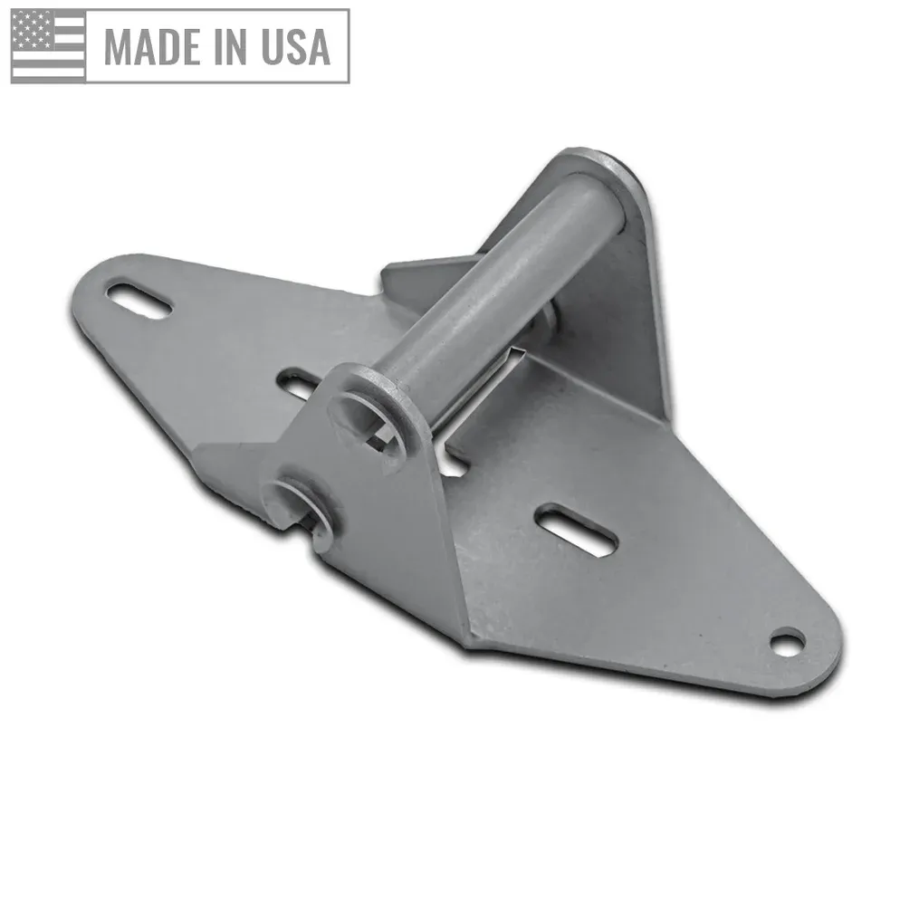 Stainless steel garage door hinge with slotted mounting holes and an integral roller barrel, made in USA