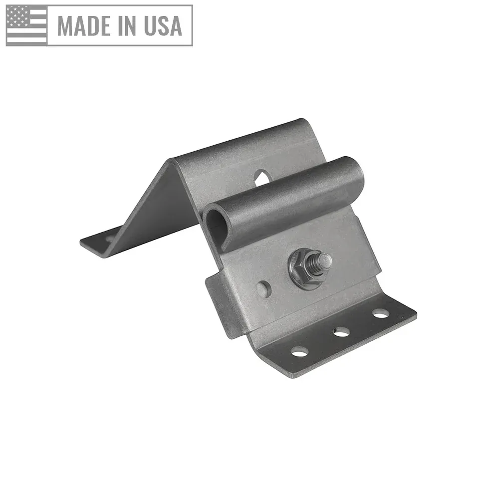 Stainless steel garage door top bracket in 12 gauge with an adjustable roller carrier and bolt, made in USA