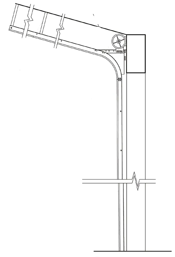 Shop-drawing elevation of pitched (follow-the-roof) standard lift track, with the horizontal track angled up to match the roof slope