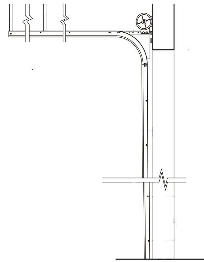 Shop-drawing elevation of regular standard lift track: vertical track, 90-degree radius, and level horizontal track with rear ceiling support