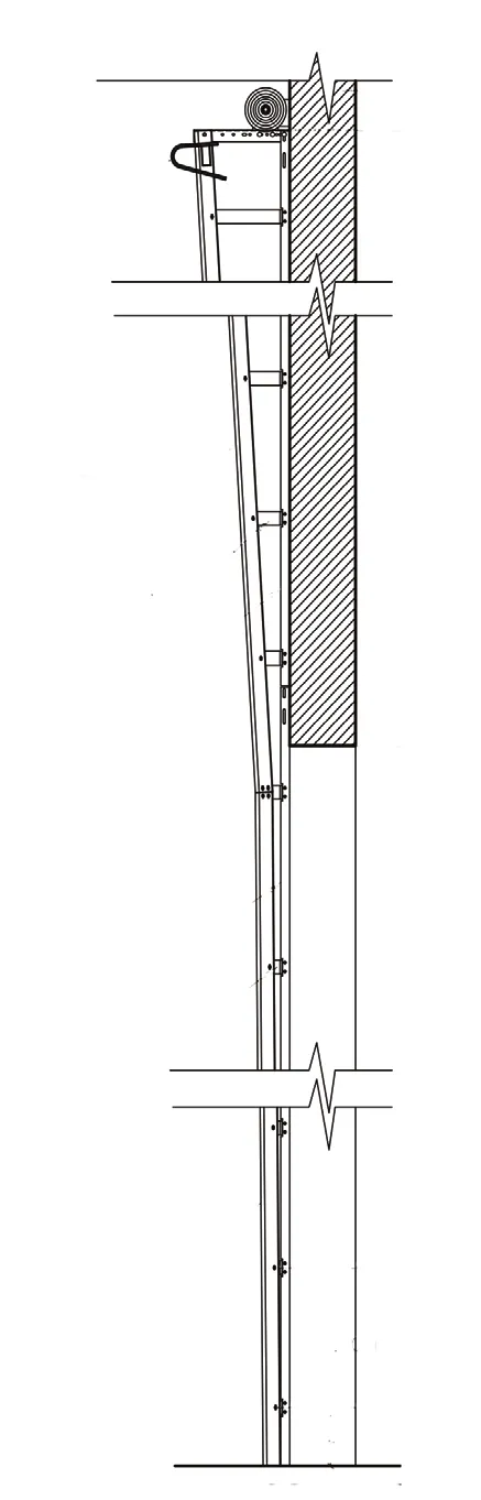 Shop-drawing elevation of vertical lift track using a wall angle and bearing plate, with an angled component connecting the wall angle to the upper track