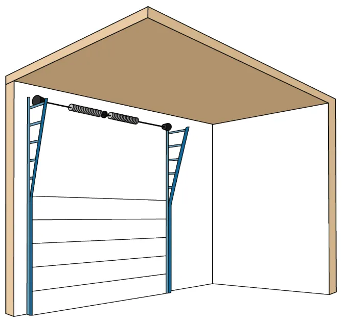 Isometric illustration of a sectional door with full vertical lift track running straight up the wall, with no horizontal track into the building